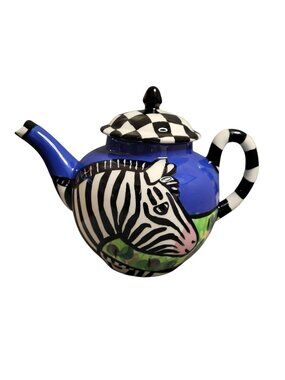 Vtg 1991 Susanne Ball 'Wild Things' Ceramic Teapot with Zebra 6-Cup